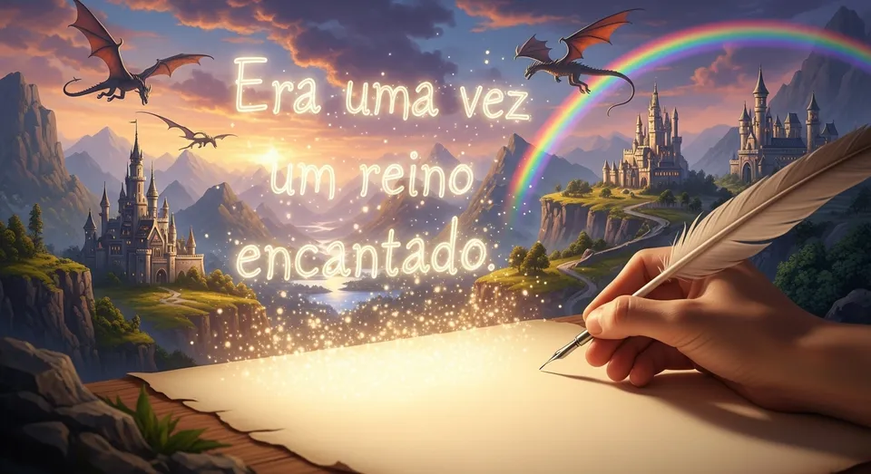 Cena mágica de castelo dragões e arco íris em reino encantado