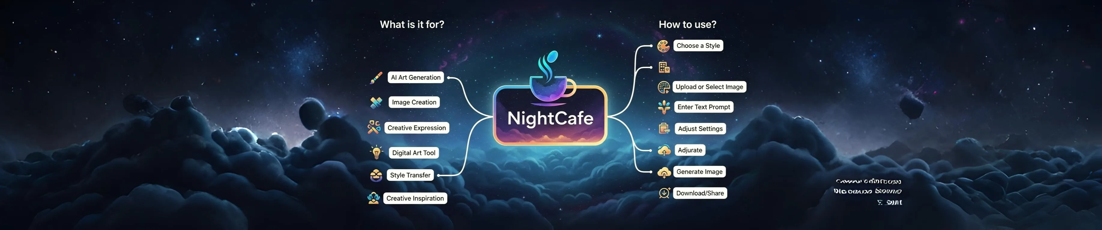 NightCafe explicado com fluxograma de funções e usos da IA