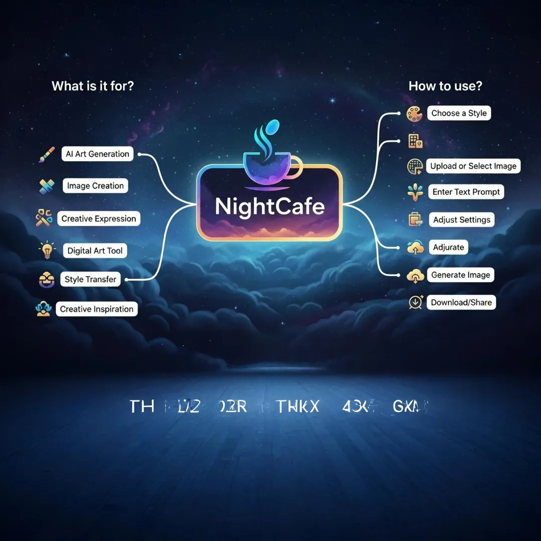 Painel do NightCafe mostra guia visual com recursos criativos IA