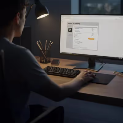 Usuário verificando registros do computador em um ambiente de escritório com luz de mesa acesa.