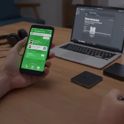 Tela do WhatsApp exibindo áudios enquanto um notebook ao fundo mostra software de recuperação de dados.