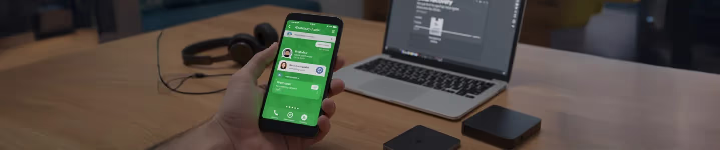 Pessoa segurando um smartphone com WhatsApp aberto e um notebook exibindo uma ferramenta de recuperação.