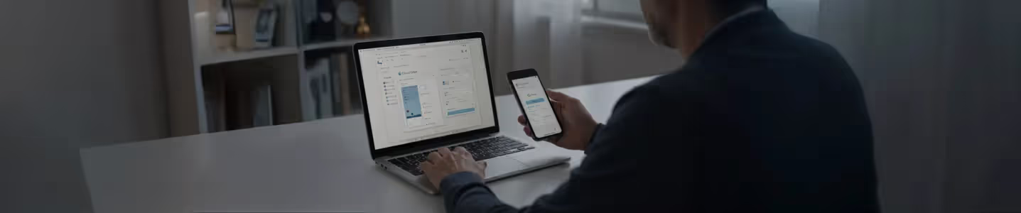 Adulto conectando iCloud Drive no notebook e celular