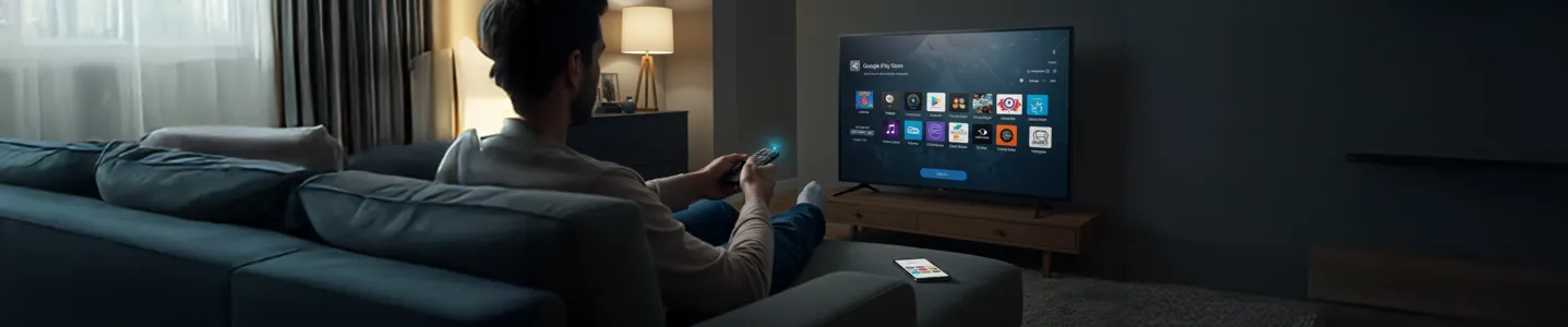 Homem usando o controle para navegar no Google Play Store na TV