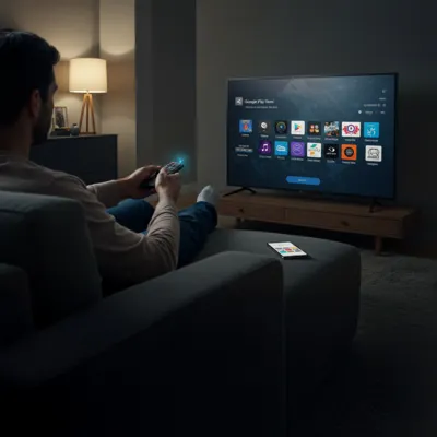 Homem navegando no Google Play Store na TV com controle remoto