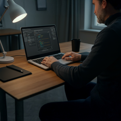 Homem adulto programando no notebook com iluminação de mesa.