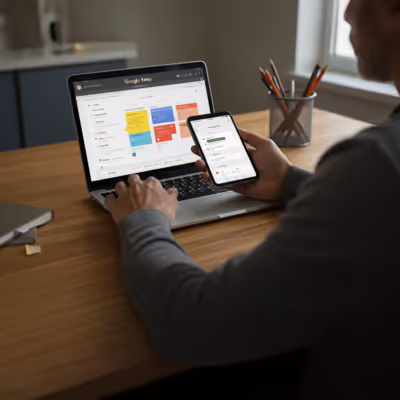 Homem usando notebook e celular com Google Keep aberto