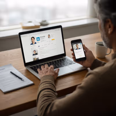 Homem acessa perfil do LinkedIn no notebook e celular