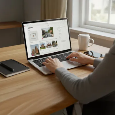 Pessoa usa o Canva no notebook para editar imagens na mesa