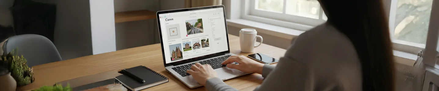 Tela do Canva aberta em laptop com edição de imagem em andamento