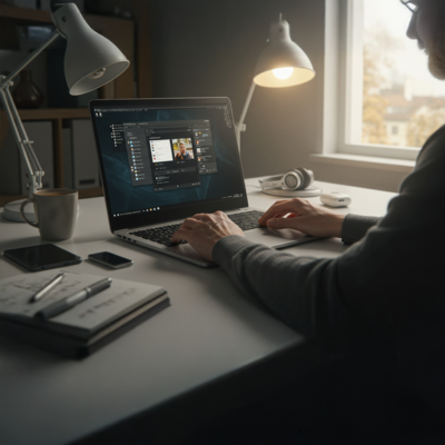 Pessoa usa notebook em escritório com janela iluminada