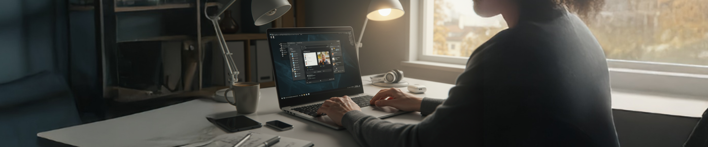 Pessoa trabalha no notebook em mesa com luminária e café