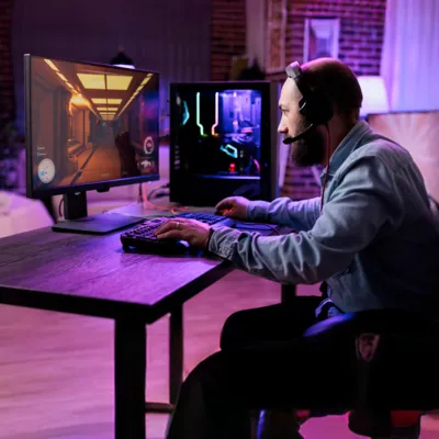 Homem jogando um jogo de FPS no computador.