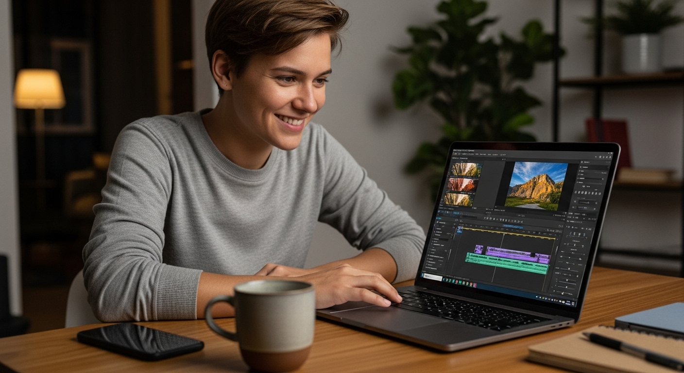 Mulher sorridente edita vídeo em notebook com caneca