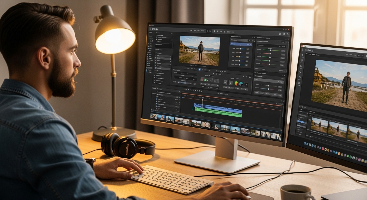 Editor de vídeo aberto em dois monitores com criador