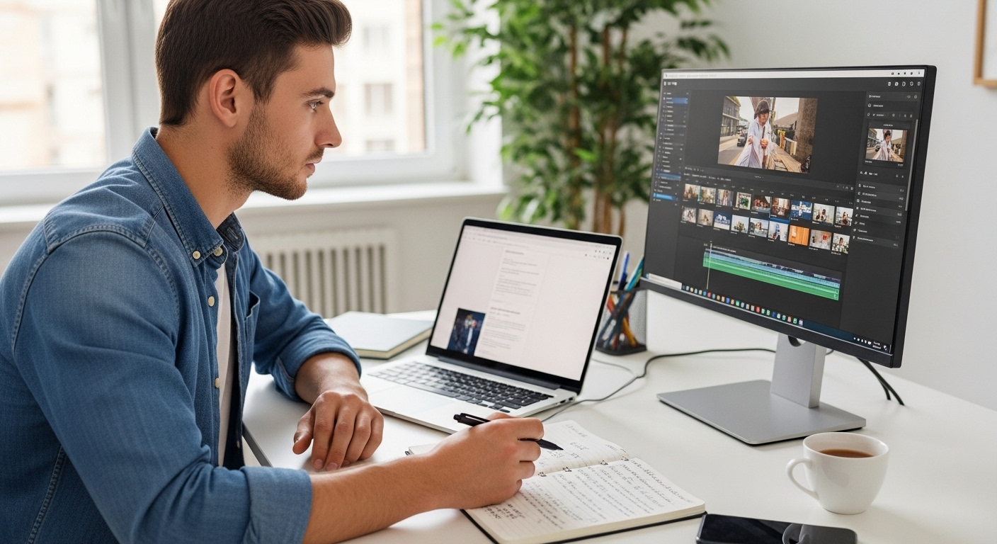 Homem edita vídeo no computador e anota ideias em caderno