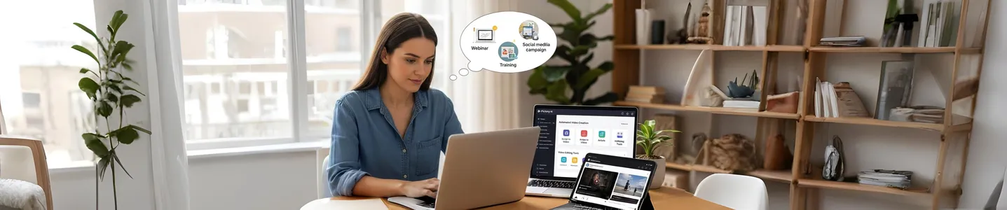 Mulher trabalha em casa com notebooks e softwares de vídeo
