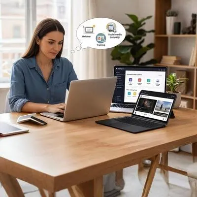 Profissional em home office cria vídeos em múltiplas telas