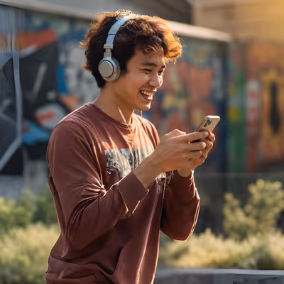 Rapaz sorrindo com fones de ouvido e celular na mão