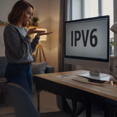 Mulher em frente ao computador com a tela exibindo IPV6, em ambiente moderno.