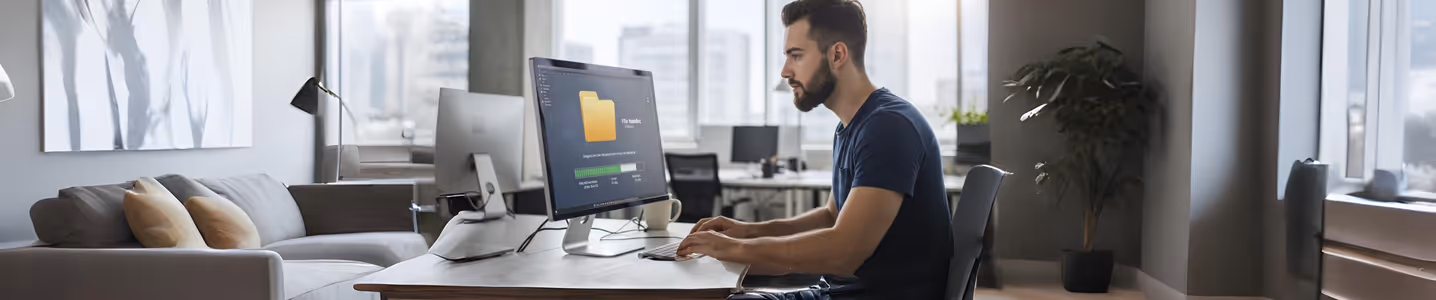 Homem faz backup de arquivos em computador de mesa