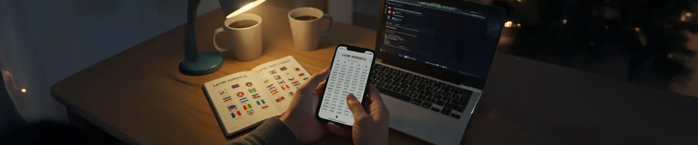 Lista de DDI da América Latina em smartphone e guia impresso sobre a mesa.