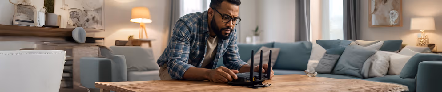 Homem configurando roteador em uma mesa, verificando a conexão.