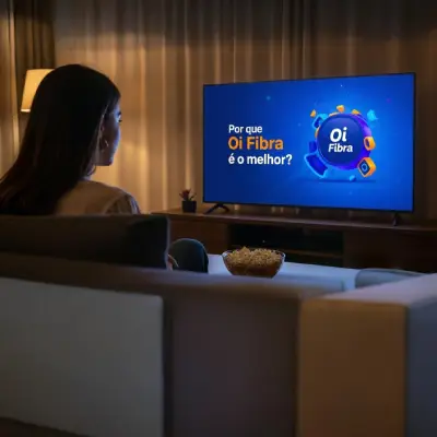 Tela de TV exibe propaganda da Oi Fibra com destaque azul