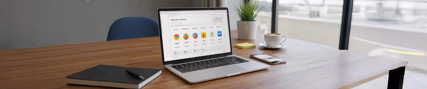 Laptop em mesa exibindo comparação entre navegadores como Chrome, Firefox, Edge, Safari e Opera.