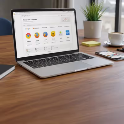 Tela de laptop mostrando ícones de navegadores, com bloco de anotações, café e smartphone ao lado.