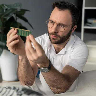 Homem comparando memória RAM DDR3 e DDR4.