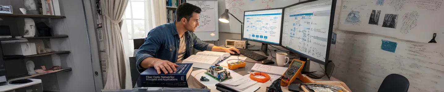 Engenheiro estudando redes de fibra ótica no escritório.