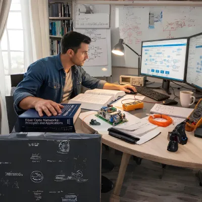 Profissional analisando diagramas de redes de fibra ótica.