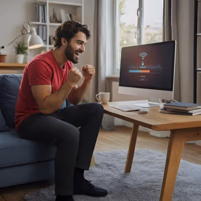 Pessoa empolgada assistindo ao progresso de um download em casa