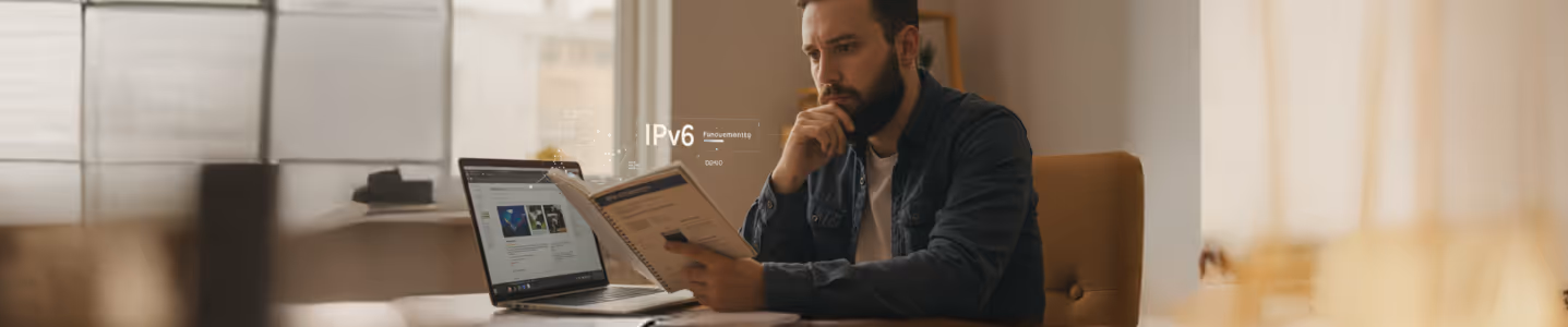 Leitura e análise sobre IPv6 com tecnologia ao fundo