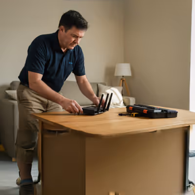 Técnico instalando roteador em ambiente iluminado com vista externa.