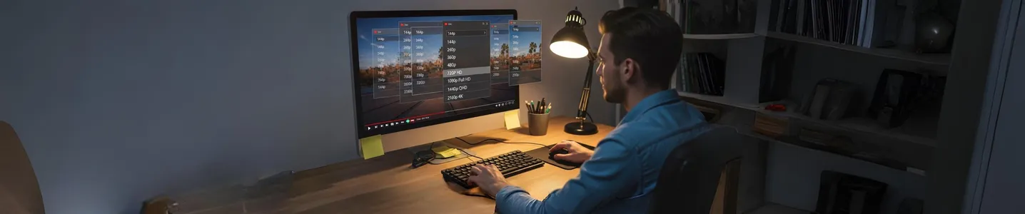 Homem editando vídeo em computador de mesa iluminado
