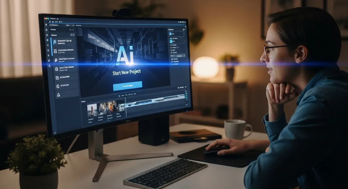 Pessoa edita vídeo usando ferramenta de IA em monitor ultrawide
