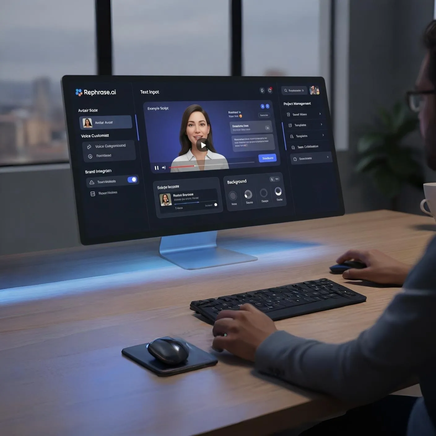 Homem usa Rephrase.ai no computador criando avatar digital realista