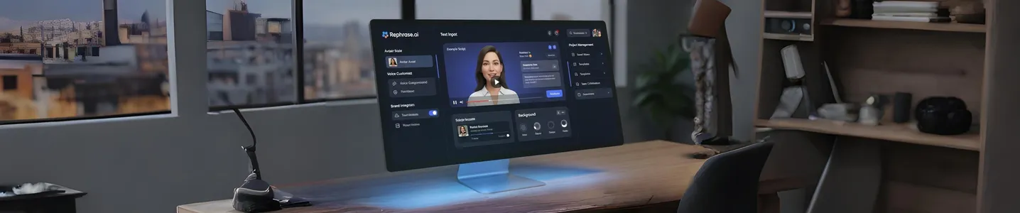 Tela Rephrase.ai exibida em monitor grande dentro de escritório amplo
