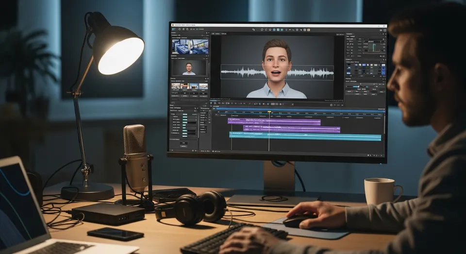 editor ajusta voz e animação de avatar em software profissional 3d