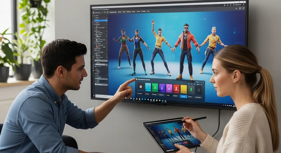 equipe trabalha na edição de avatares 3d usando tablet e tela grande