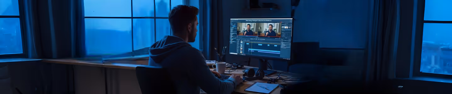 Homem edita vídeo em computador durante a noite no escritório