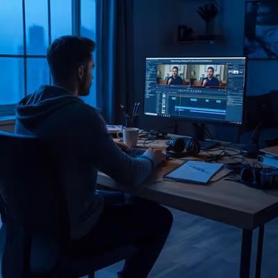 Profissional trabalha em edição de vídeo em ambiente noturno