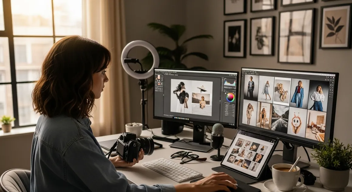 Mulher fotografa e edita imagens em softwares de design com dois monitores.