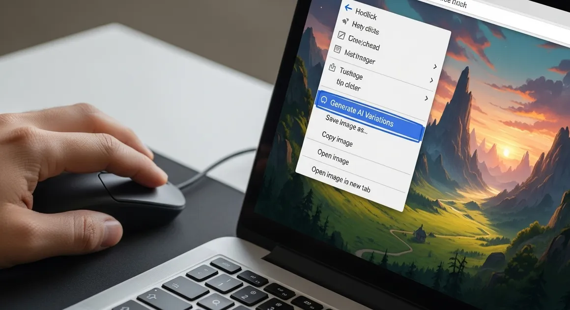 Cursor seleciona gerar variações de imagem por IA em laptop.