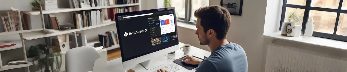 Homem usando Synthesys X em desktop grande em ambiente de trabalho.