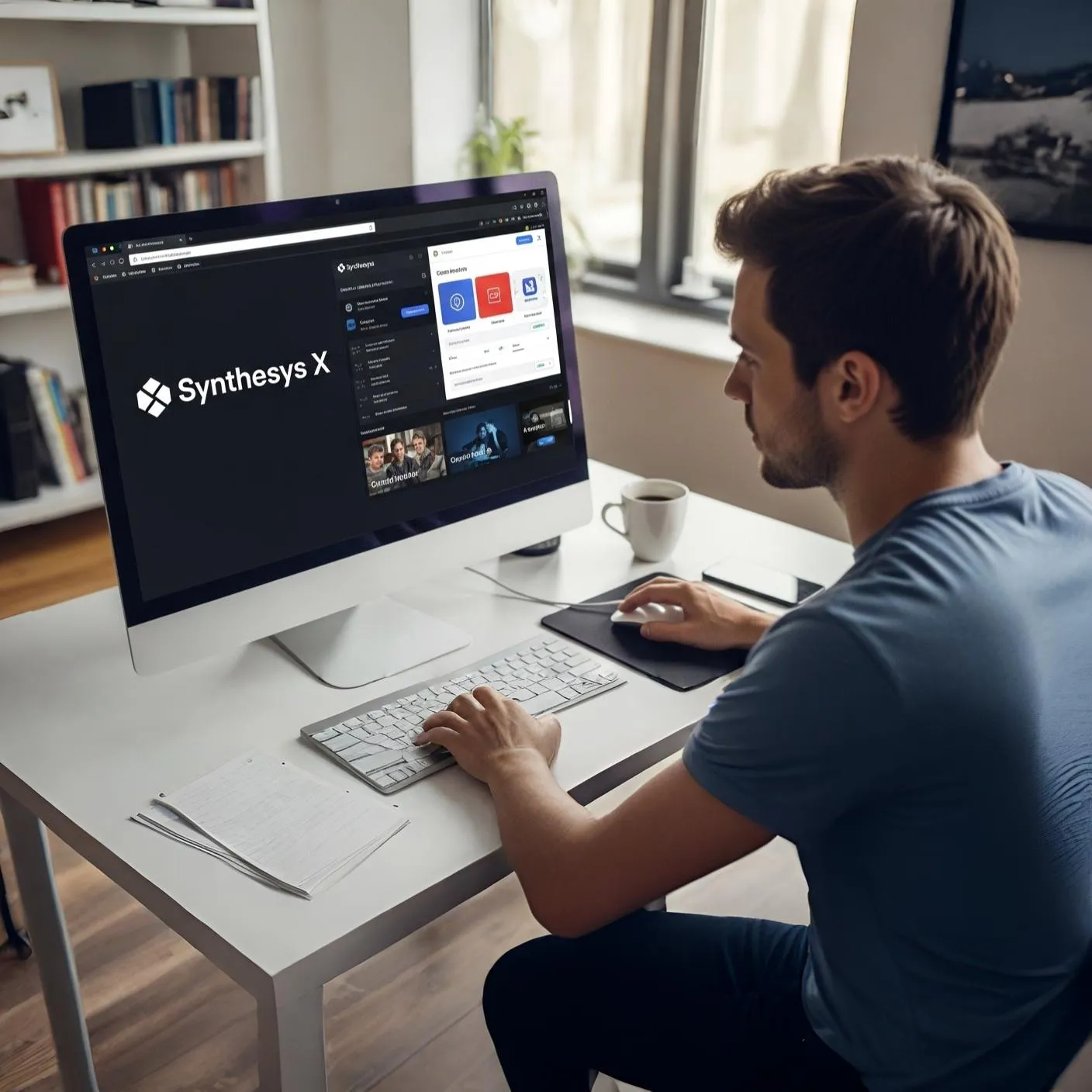 Versão panorâmica de homem usando Synthesys X em desktop no escritório.