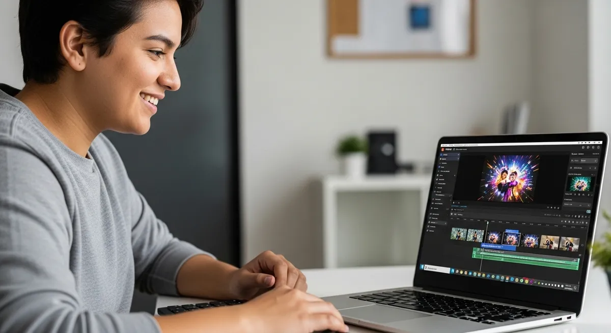 Jovem sorrindo enquanto edita vídeo em notebook moderno