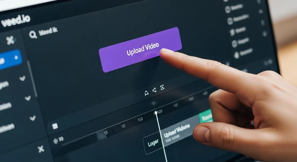 Pessoa tocando em botão roxo Upload Video na tela do PC